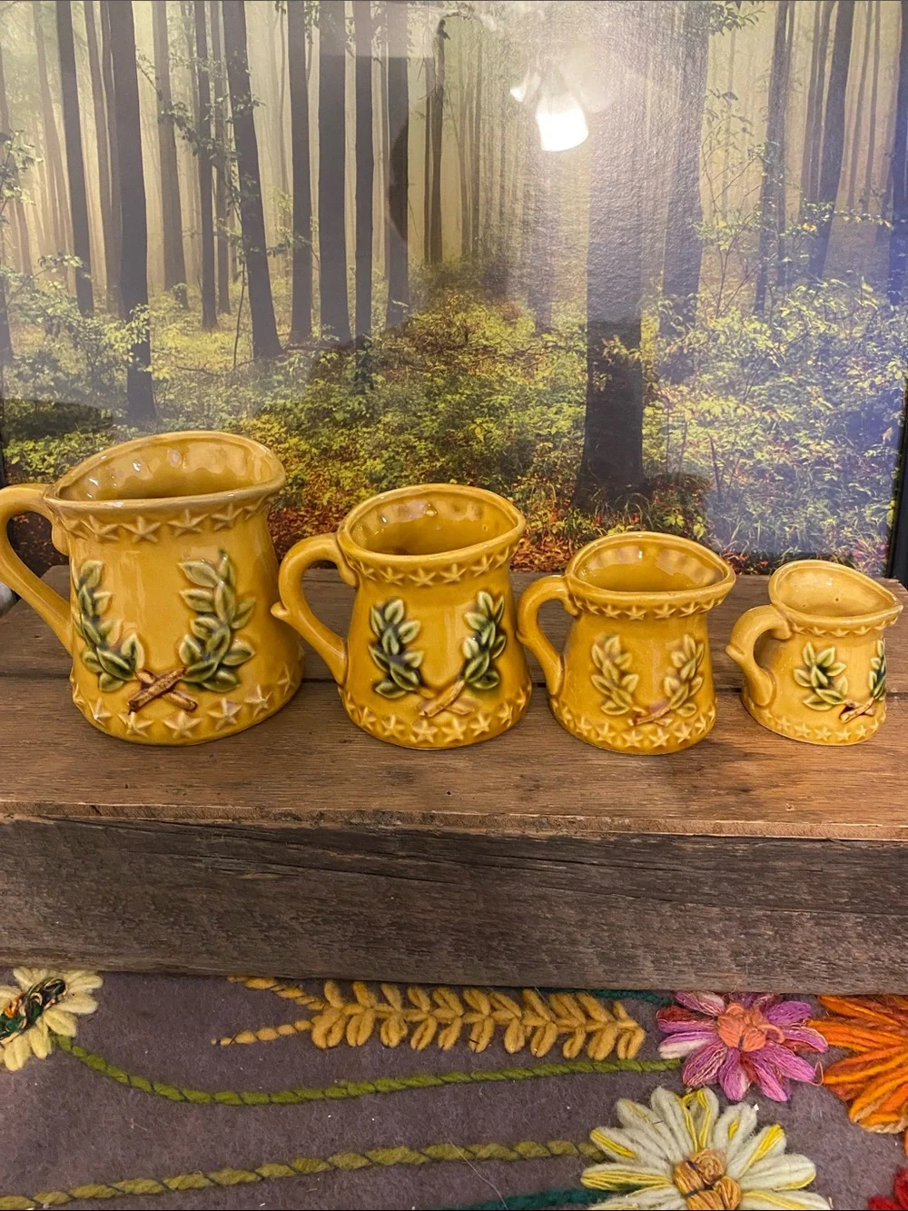 Yellow Ceramic Bird Japanese measuring cups- 4 Vintage Style , normal wear.